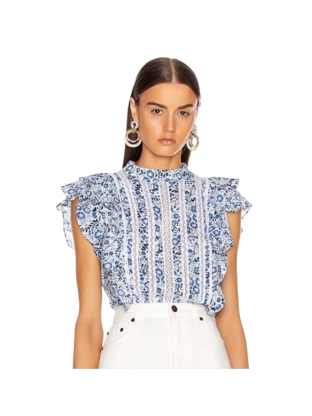 Veronica Beard Sol Top Blue White Floral Ruffle Lace Blouse Size 6